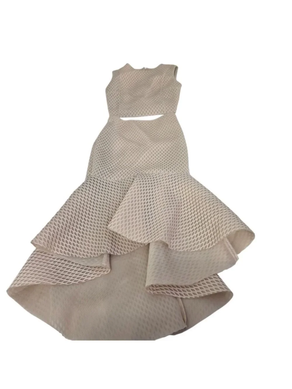 She + Sky 2 Piece Set Medium Beige Mesh Cutout Crop Top Mermaid High Low Skirt - Picture 1 of 15
